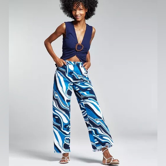 INC Ade Samuel Women's Printed Blue Graphic Wave Runner Wide Straight-Leg Jeans - Picture 2 of 13